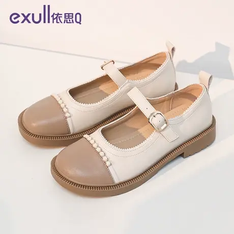 exull/依思Q圆头女鞋2024年春秋季一字扣粗跟英伦风潮流女士单鞋商品大图