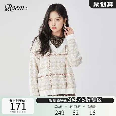 Roem商场同款休闲淑女针织衫春秋新款韩版套头V领针织衫女图片