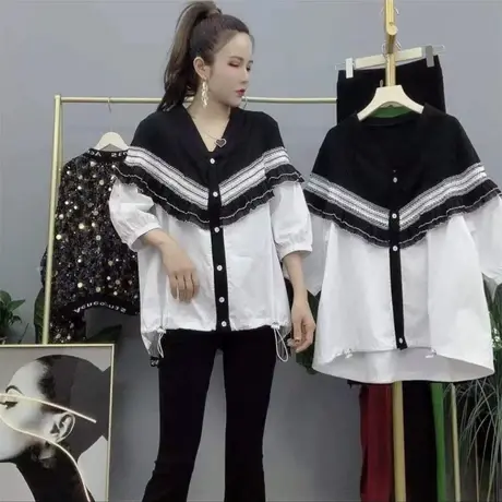 2023春夏新款女装慵懒风黑白拼接衬衫百搭设计感洋气别致甜美上衣图片
