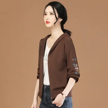 韩潮袭人复古刺绣连帽长袖女士开衫针织衫2023秋装新款毛衣外套薄图片