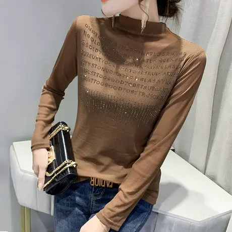 半高领网纱打底衫女2023春装新款内搭洋气烫钻上衣修身长袖t恤ins商品大图