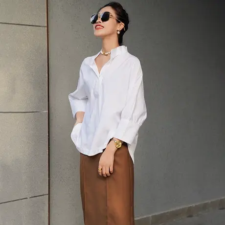 白色衬衫秋装女2023新款设计感小众洋气时尚长袖V领纯棉别致上衣图片