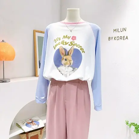 韩国东大门ins爱心兔子拼色防晒长袖T恤衫2023夏季薄款天丝棉上衣图片