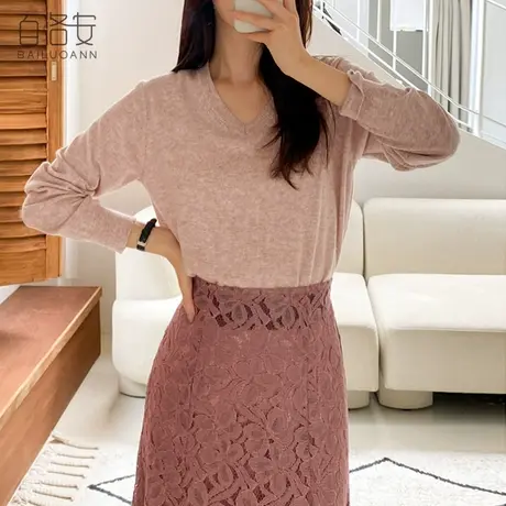 百洛安打底外穿毛衣上衣女套头衫秋季新款时尚V领宽松长袖针织衫商品大图