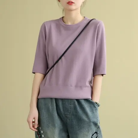 dza 纯棉七分袖秋季上衣女士体恤2022新款宽松t恤小衫内搭打底衫商品大图