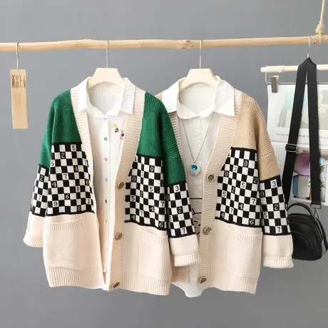 文艺棋盘格长袖针织开衫女2023秋季新款宽松上衣外套毛衣毛针织衫图片