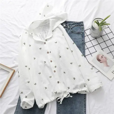 夏季文艺小清新树叶字母印花纯棉开衫连帽防晒衣长袖衬衫薄外套女图片