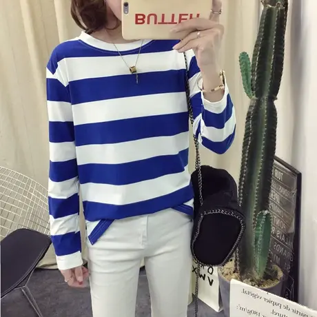 条纹打底衫女内搭秋冬洋气圆领宽松显瘦百搭长袖t恤休闲外穿上衣商品大图