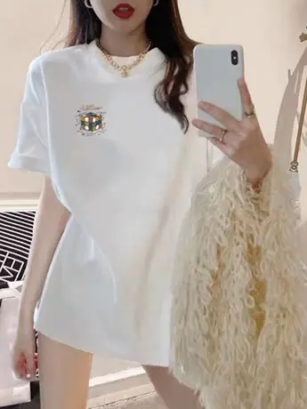 夏季t恤女2023新款美式复古纯棉短袖ins潮大码减龄洋气情侣装上衣图片