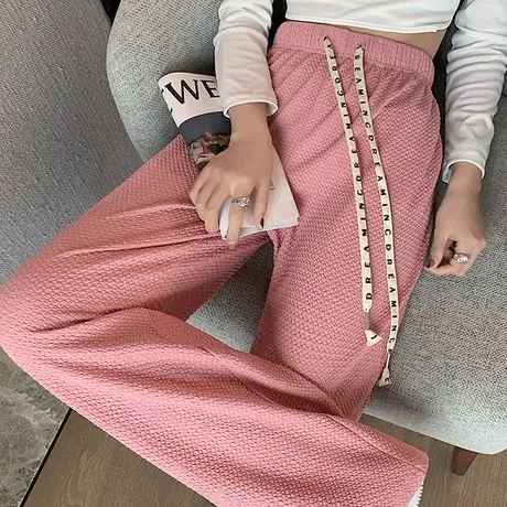 华夫格阔腿裤女春夏新款宽松抽绳直筒泡芙裤梨形身材垂感运动裤图片