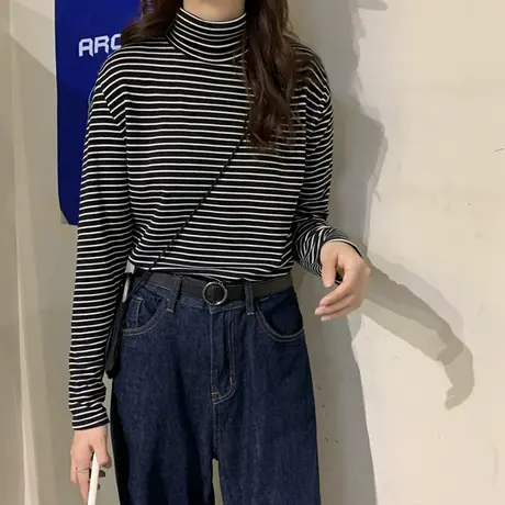 2023年春秋新款设计感宽松长袖T恤女装早秋季高领打底衫上衣潮ins商品大图