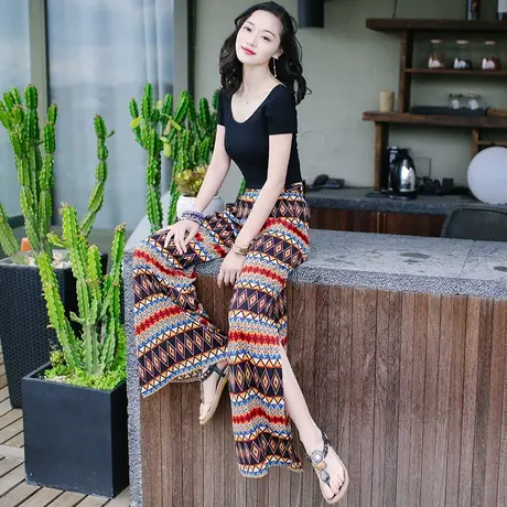 夏季新款女装民族风印花横条纹高腰开叉阔腿裤波西米亚度假喇叭裤商品大图