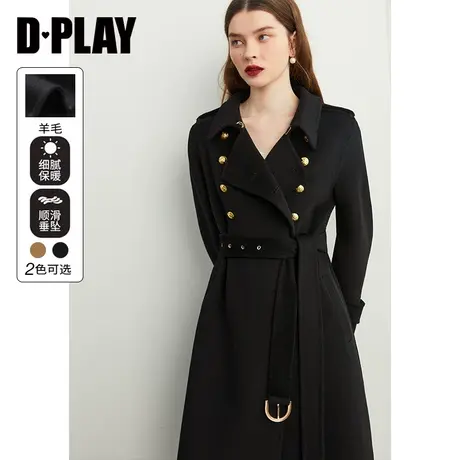 DPLAY【黑标】冬时尚经典黑翻领金属扣系带羊毛双面呢大衣商品大图