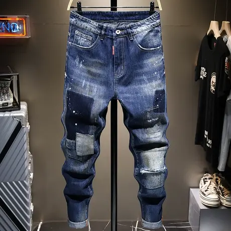 夏季薄款潮牌破洞牛仔裤男直筒宽松百搭乞丐裤子男补丁外贸长裤男商品大图