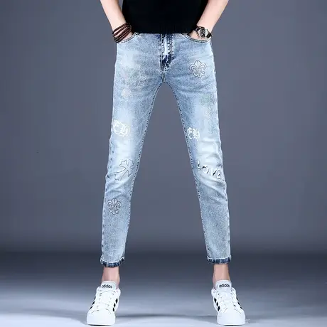 欧洲站新款九分牛仔裤男款烫钻印花修身小脚9分裤子秋季潮流潮牌商品大图