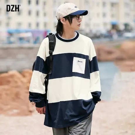 DZH男生复古撞色条纹t恤男长袖潮牌宽松纯棉打底衫秋季2023年新款商品大图