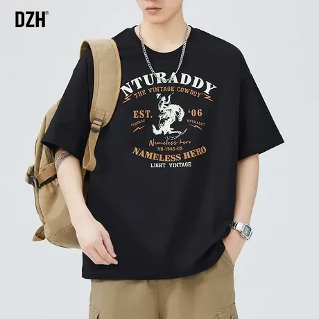 男士黑色美式重磅t恤男短袖男款夏季宽松上衣2023新款半袖体恤衫商品大图