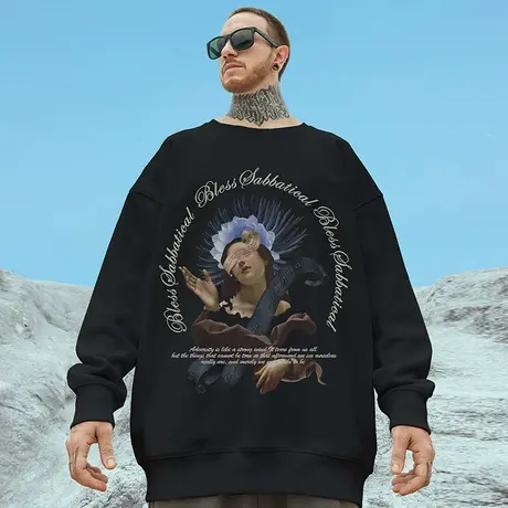 大码无帽美式潮牌胖子男装加绒潮流宽松国潮情侣圆领卫衣男秋冬季商品大图