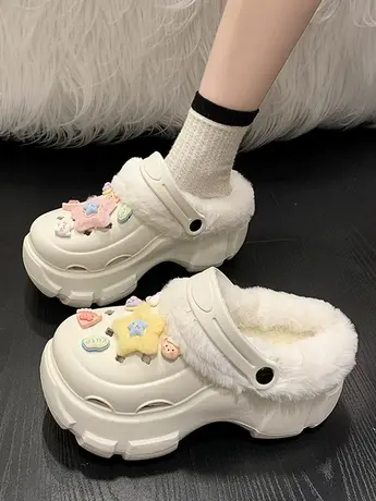 厚底增高可爱卡通洞洞鞋女2023年秋冬两穿时尚休闲加绒包头棉拖鞋商品大图