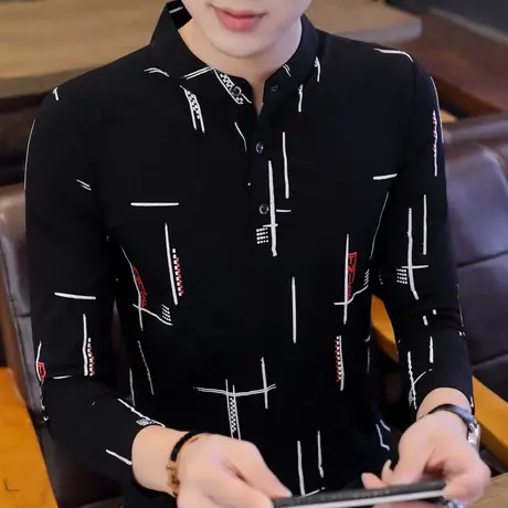 衬衫领秋衣纯棉polo衫男士上衣服2023秋季韩版男装潮牌长袖t恤男商品大图