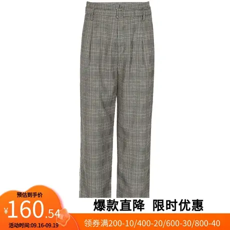 【艾格】2023春季新款高腰帅气休闲裤女拼色织带格子阔腿裤商品大图