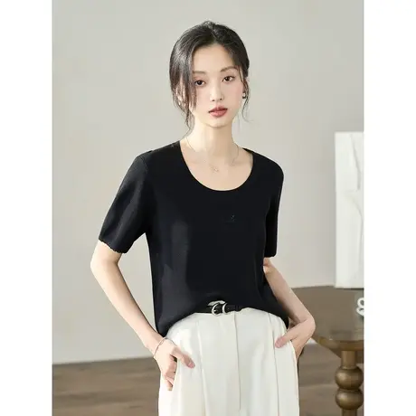 【商场同款】茵曼休闲通勤针织衫2023夏女装新款纯色U领短袖上衣图片