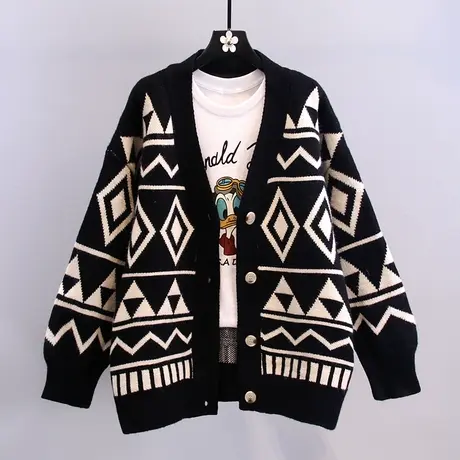 复古菱形格毛衣外套女2023年春装新款宽松慵懒风外穿休闲针织开衫图片