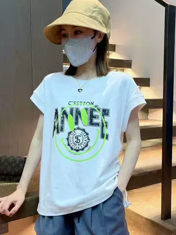 欧洲站2023年夏季新款宽松T恤衫女短袖字母印花休闲圆领体恤上衣商品大图