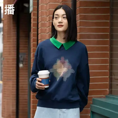 播宽松卫衣女2023秋季新款休闲简约圆领星云印花罗纹下摆长袖外套商品大图