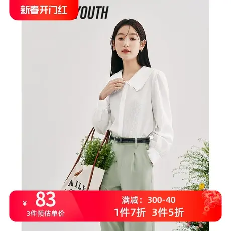 TOYOUTH初语衬衫女2023春季新款花边翻领褶皱肌理温柔白衬衫上衣商品大图
