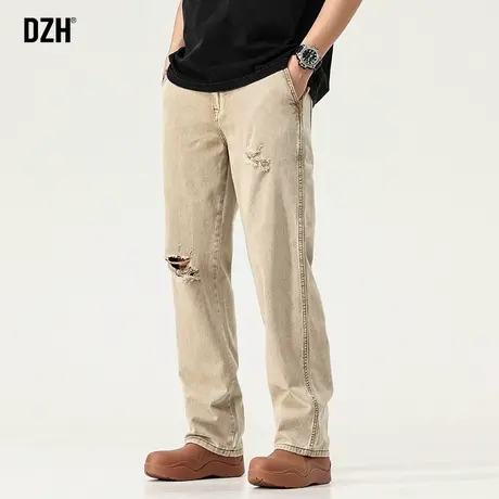 男生破洞牛仔裤男宽松直筒潮牌卡其色裤子2023新款休闲长裤老爹裤商品大图