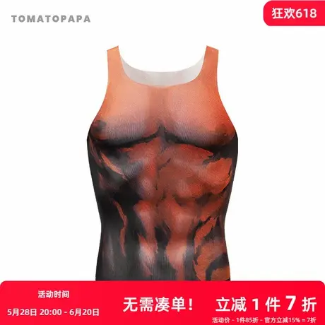 TOMATOPAPA美式复古漫画红色恶魔肌肉运动修身弹力网纱薄款背心男图片