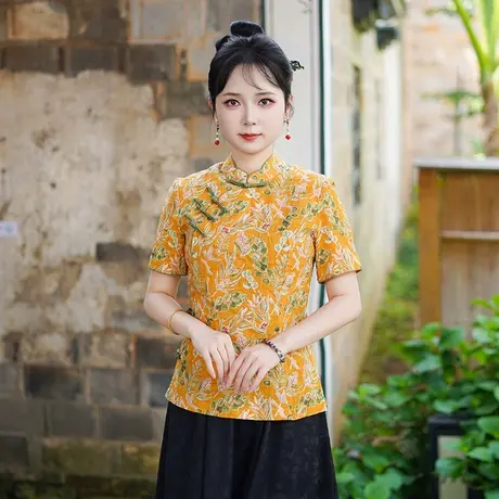 筠雅夏季新款唐装上衣新中式国风改良复古女士斜襟短袖女装25J231商品大图