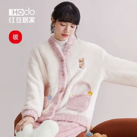 红豆情侣睡衣女士v领珊瑚绒时尚可外穿加厚法兰绒男家居服套装冬商品大图