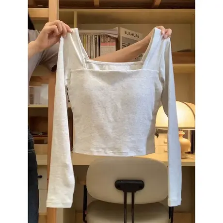 方领正肩长袖T恤女春秋洋气百搭小个子短款显瘦修身打底小衫上衣商品大图