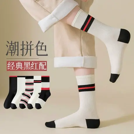 雅鹿袜子女2024夏季新款美式复古黑红条纹拼接女士中筒袜商品大图