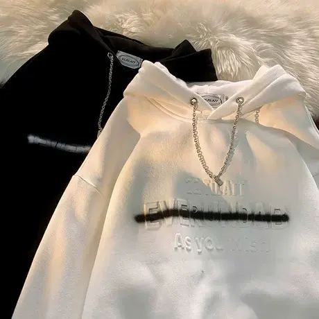 高街痞帅设计感小众连帽卫衣女秋chic加绒oversize情侣bf休闲上衣商品大图