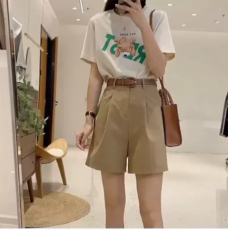 工装短裤女2021夏季款高腰阔腿裤薄款显瘦百搭休闲裤五分裤ins潮商品大图