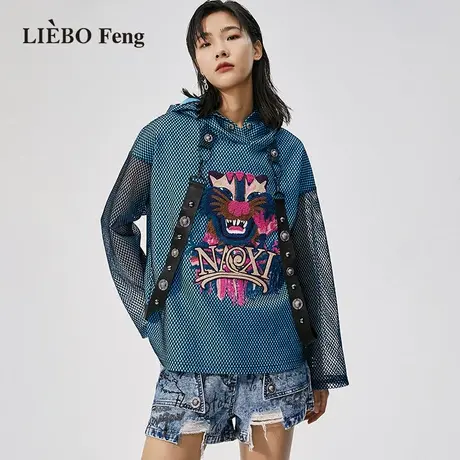 裂帛LIEBOFeng2023年国潮刺绣小众设计感复古撞色蓝色连帽卫衣女图片