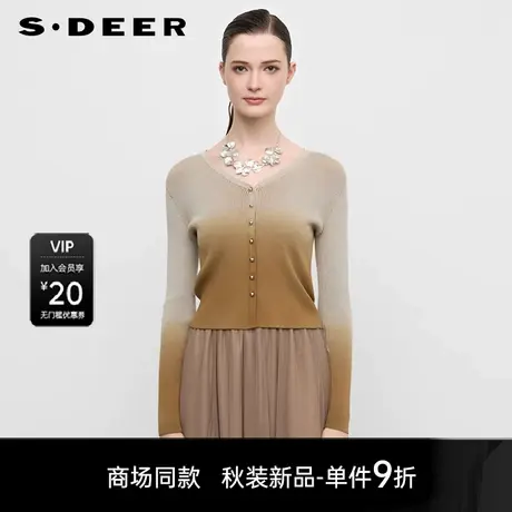 【商场同款】sdeer圣迪奥田园风V领撞色渐变开衫针织衫S25383529图片