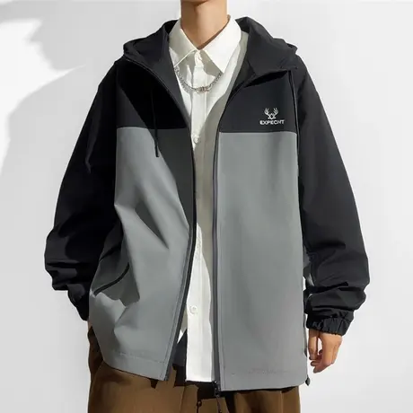 连帽冲锋衣外套男春秋季新款美式宽松拼色登山服潮牌户外工装夹克商品大图
