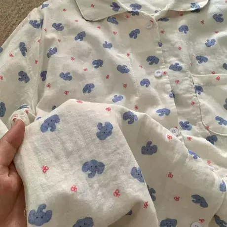 新品！蝴蝶结小象全棉双层纱宽松舒适短袖长裤睡衣套装可外穿居家商品大图