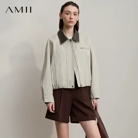 Amii【复古风】2025秋季复古简约衣领PU拼接短款款显瘦夹克外套女商品大图