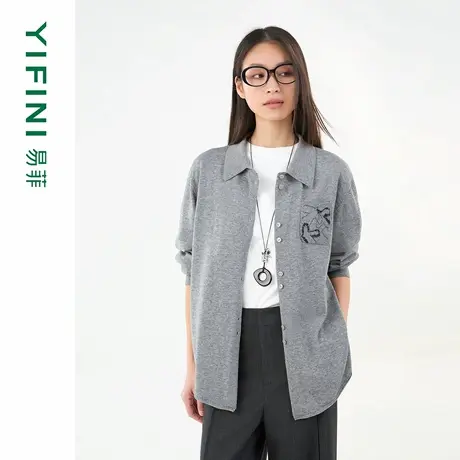 [专柜同款]Yifini/易菲羊毛混纺衬衫领宽松针织衫开衫外套女25秋商品大图