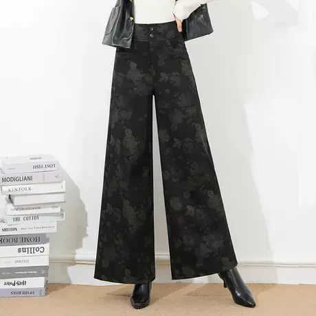 气质复古印花阔腿裤女秋冬2025新款高腰宽松垂感大脚裤格纹长裤子商品大图