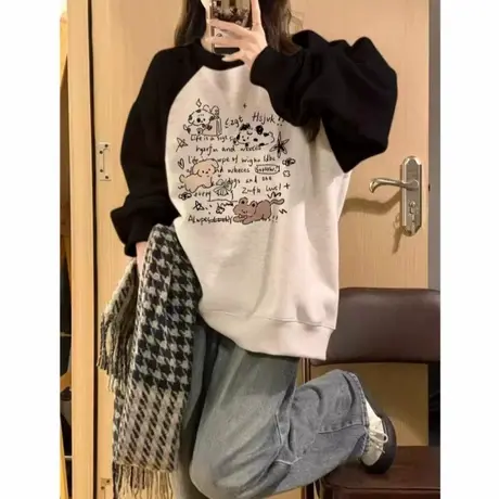 日系卡通小狗加绒加厚卫衣女早秋冬2025款学院风插肩内搭趣味上衣商品大图