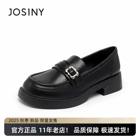 卓诗尼2025新款法式赫本风小皮鞋时尚气质粗跟百搭黑色皮鞋图片