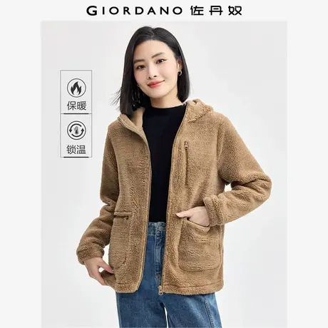 佐丹奴外套女装仿羊羔绒拉链口袋连帽针织休闲外套 05374897商品大图