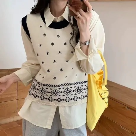 复古提花针织马甲女秋冬季新款宽松圆领叠穿无袖坎肩毛衣背心外穿图片