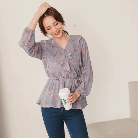 桔熊秋季浪漫碎花雪纺衫荷叶边拼接v领泡泡袖上衣女装大码AB13981图片